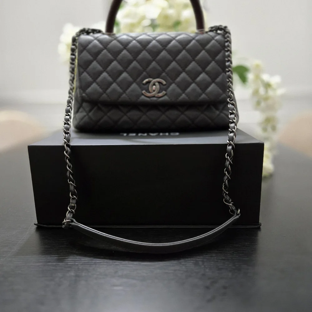 Chanel Coco Caviar Leather Quilted With Lizard Handle Gray Shoulder Bag Medium - Picture 7 of 12
